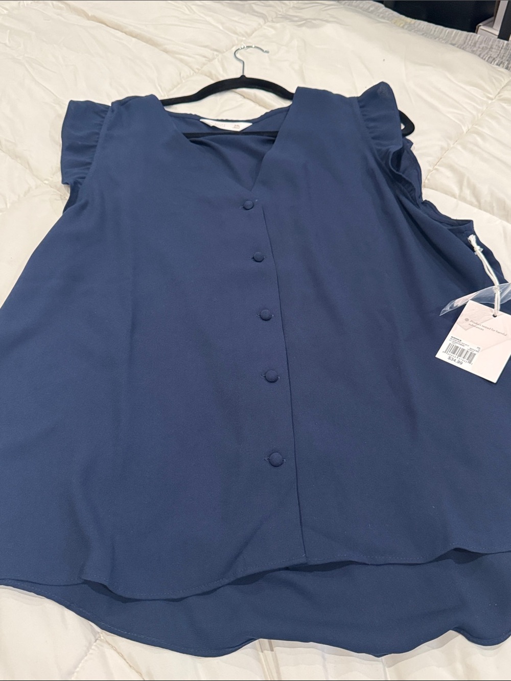 LC Lauren Conrad Navy Button-Cover Flutter Sleeve Blouse